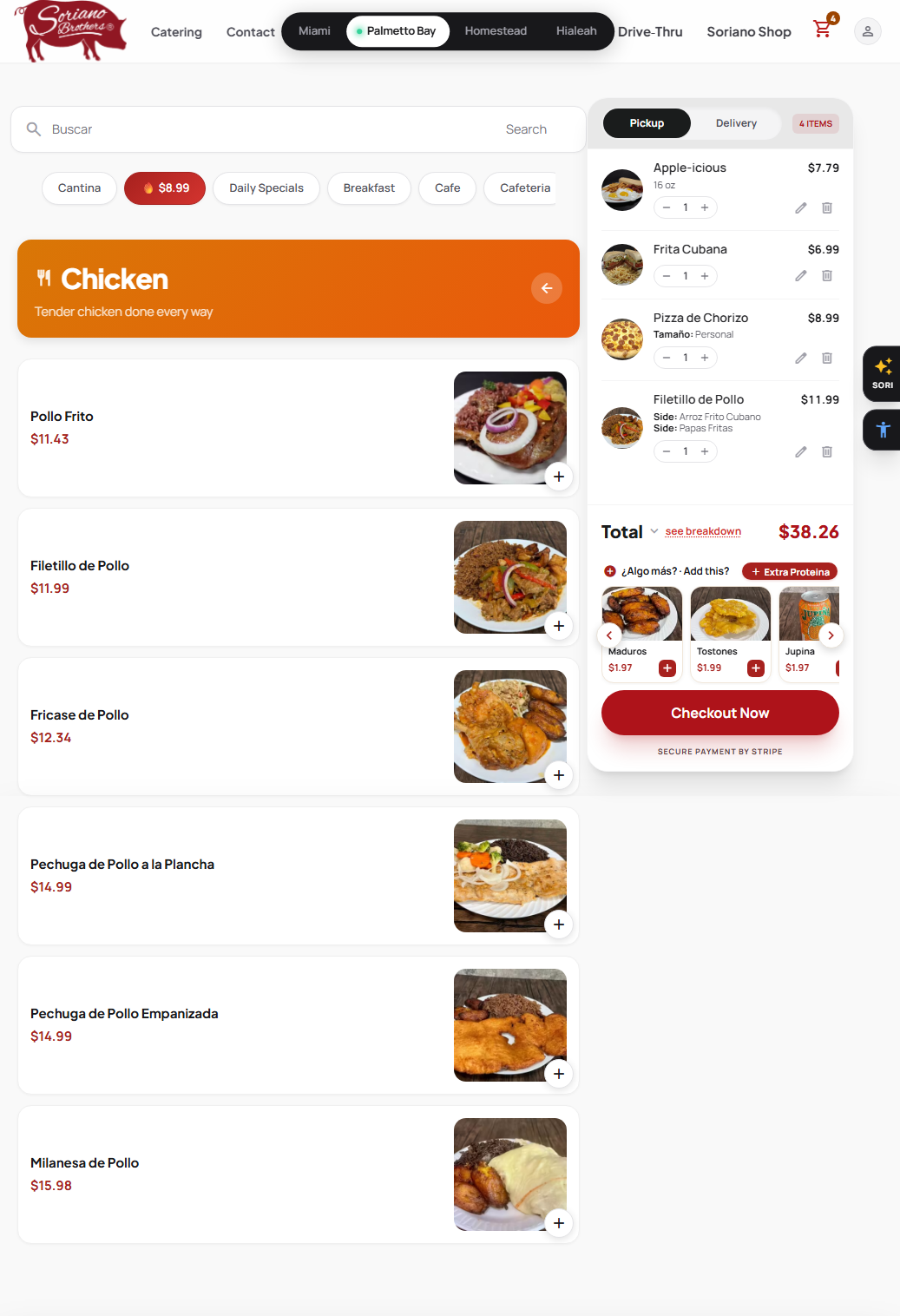 A live restaurant menu page scrolling past: category filters, dishes with photos and prices, and a cart with a Pickup/Delivery toggle and Stripe checkout.